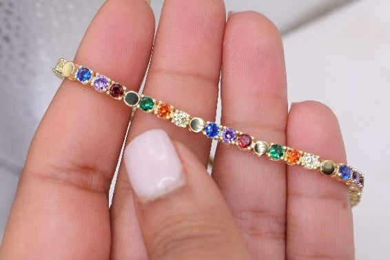 Bezel Gold Bead & Rainbow Tennis Bracelet